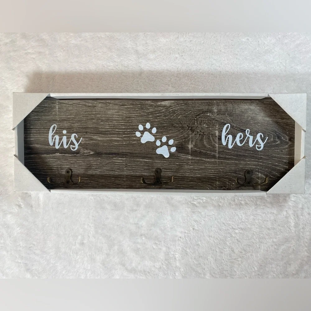Rustic Wood Wall Hook Rack His Hers Paws Dog Leash Key Holder Entryway Decor